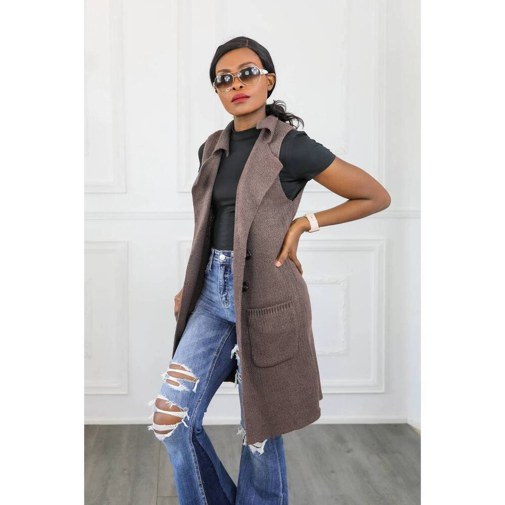 NEW SURELYMINE perfect vision sleeveless collar sweater vest in brown